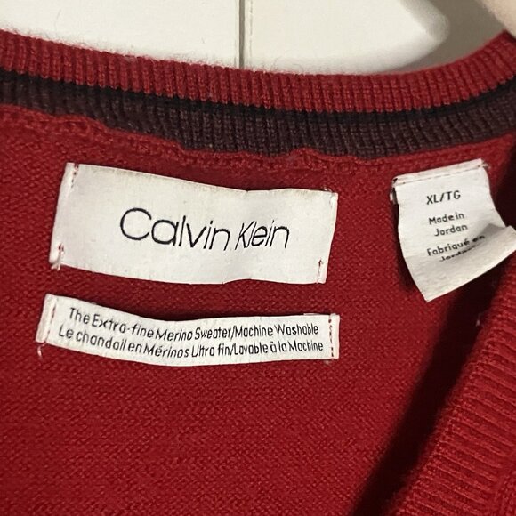 Calvin Klein Extra Fine Merino Sweater Mens XL Red Knit Holiday V-neck Academia - Picture 2 of 8